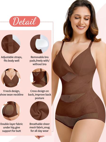 Women's Sheer Mesh Bodysuit High Elastic Breathable Fabric V Neck Full Body Shaping Underwear, Casual All Season Wear, Shapewear