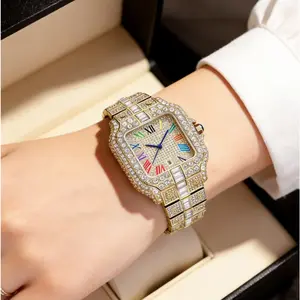 Luxury Gold Square Diamond Watch for Men/Women – Fully Iced Out Rhinestone Stainless Steel Bracelet Watch, Colorful Roman Numeral Dial, Blue Hands, Elegant Fashion Dress Wristwatch