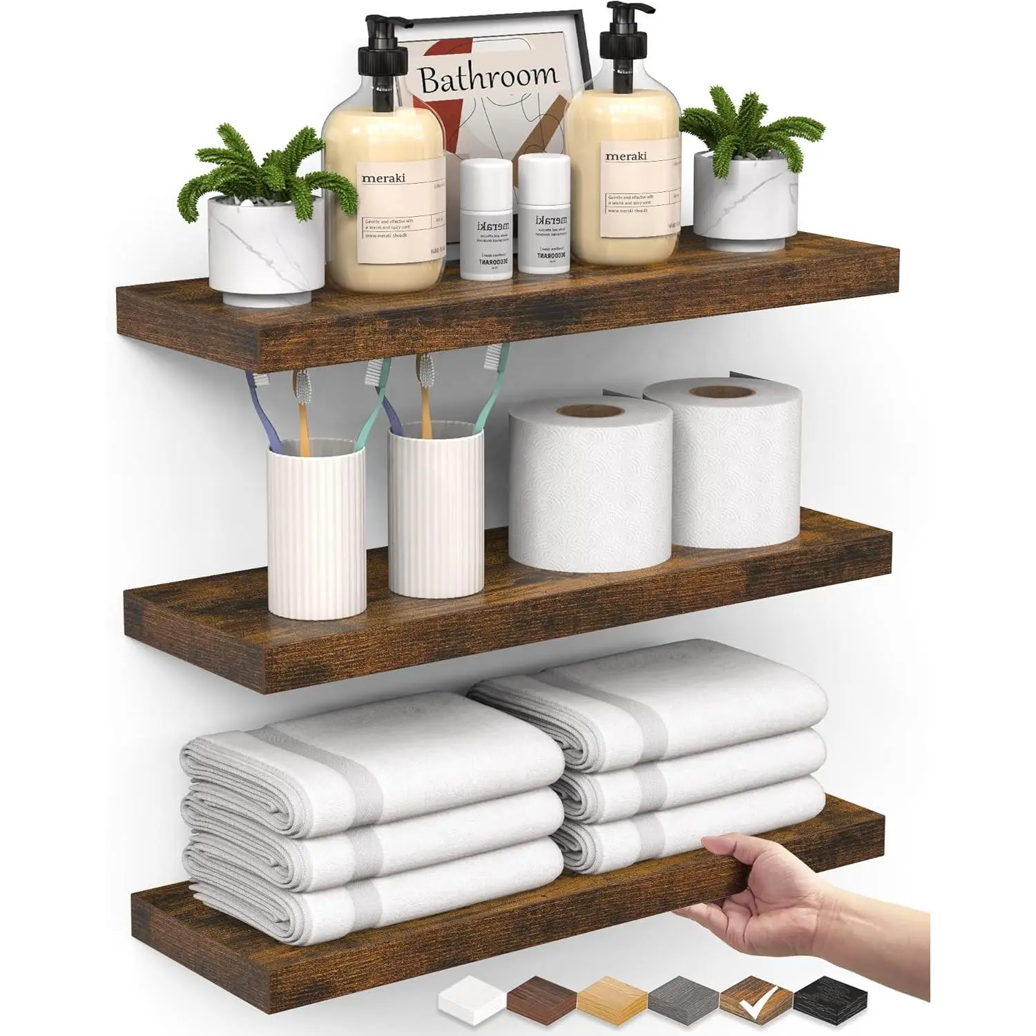Rustic Brown Wooden Floating Wall Shelves - 3-Piece Wall Mounted Home Storage Accessories for Bathroom Over Toilet, Bedroom, Toiletries, Plants, Bath Towels, Floating Shelf