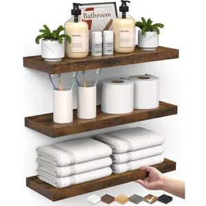 Bathroom Floating Shelves for Wall Set of 3 - Rustic Brown Farmhouse Wood Shelves Over Toilet for Bedroom, Kitchen, or Living Room Decor Display, Storage for Plants, Toilet Paper or Bath Towels
