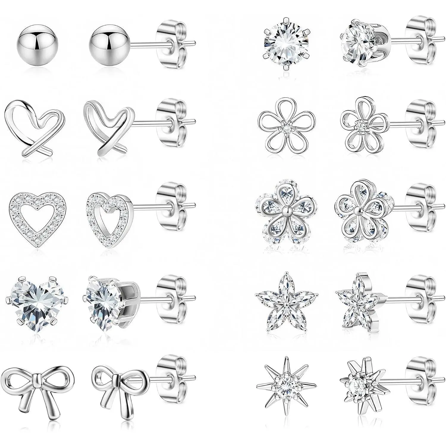 FIASASO Stud Earrings for Women Hypoallergenic, 14K Plated Gold Surgical Steel Earrings for Sensitive Ears Women Dainty Small Heart Flower Bow Earrings for Jewelry Gift