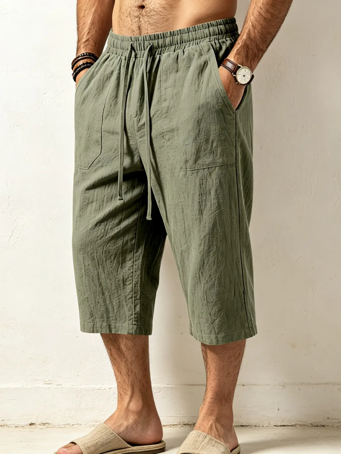 Men's Summer Linen Cotton Capri Cargo Cropped Pants, Elastic Drawstring Waist Multi Pocket Casual Cropped Trousers, Breathable Loose Vacation Seven-Point Pants, Casual Fashion Pocket, Multiple Colors & Plus Sizes In Stock S-3XL