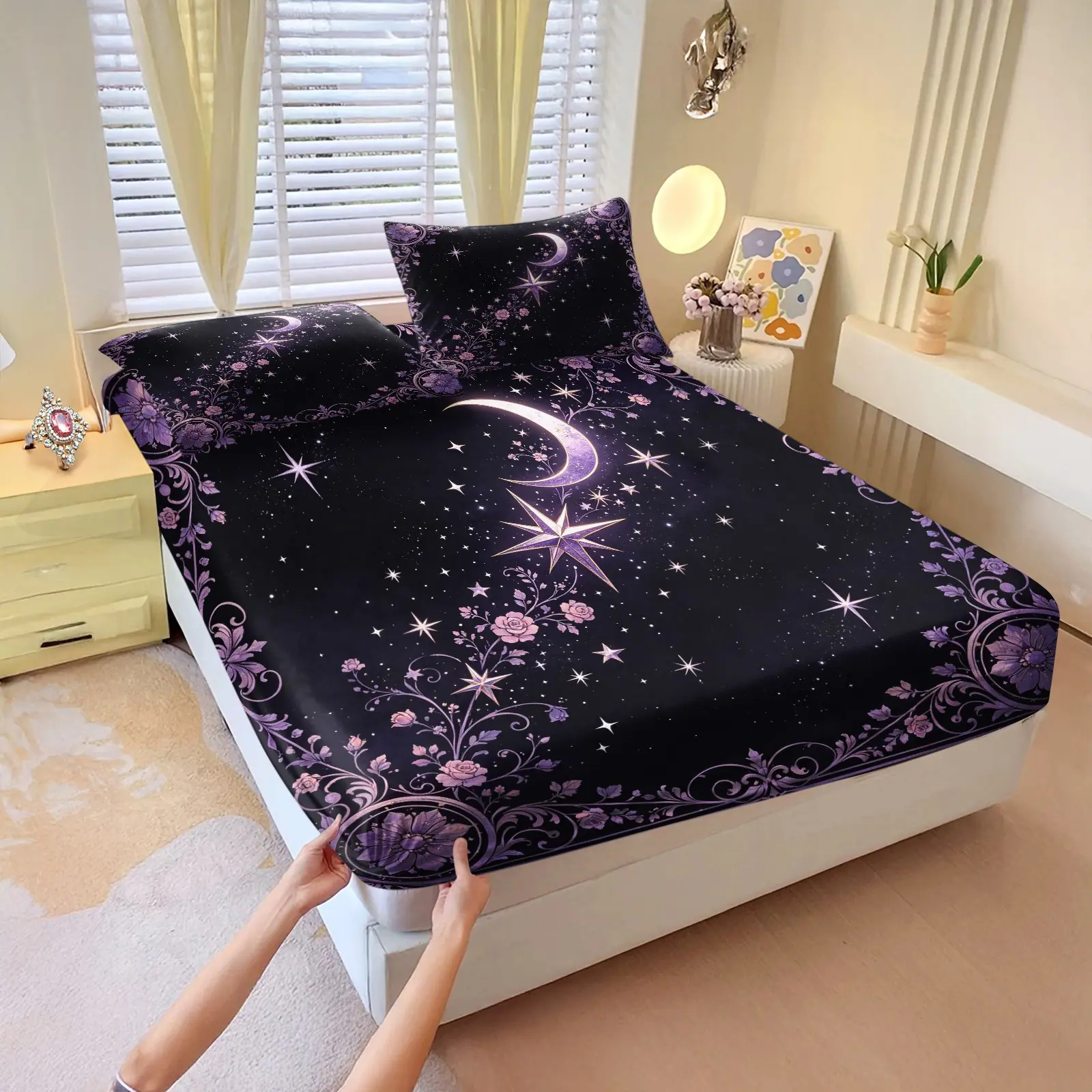 3Pcs Celestial Moon Star Vintage Fitted Sheet Set, Stretch Non-Slip Mattress Cover, Durable Bedding for Dorm & Home (No Fillers, No Pillow Inserts)