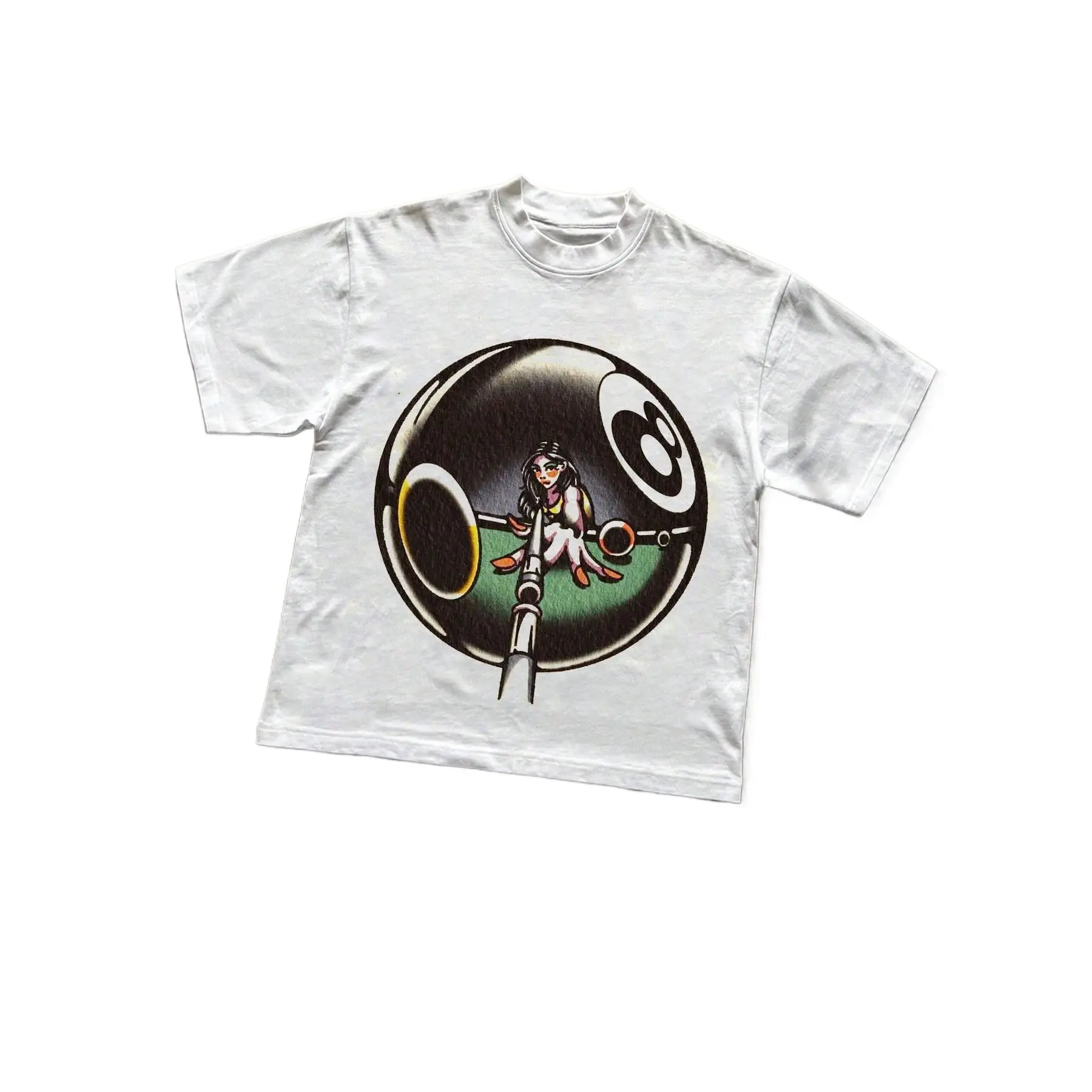 Unisex Vintage 8-Ball Pin-Up Girl Graphic Classic Tops, Retro Billiards Tattoo Vibe Round Neck Casual Wear Short Sleeve White T-Shirt for Men, Women