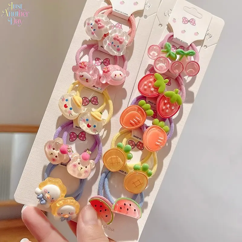 10Pcs Cute Kids Cartoon Hair Ties, No Damage Elastic Ponytail Holders with Animal & Fruit Charms, Durable & Soft Hair Bands for Toddlers & Baby Girls