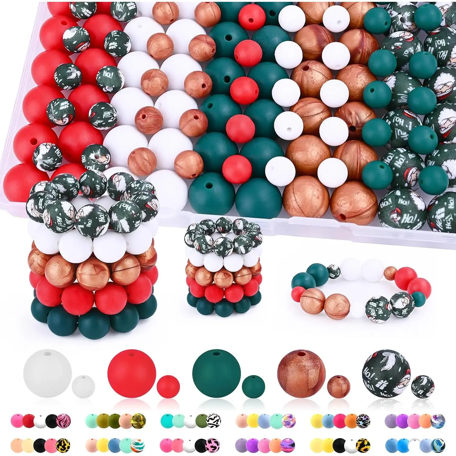 Synthetic Round Rubber Bead Set (124 Count, 15mm & 9mm), Bulk Assorted Colors for Beginners, Christmas Crafting Supplies for Beaded Necklace DIY & Handmade Accessories, Adults