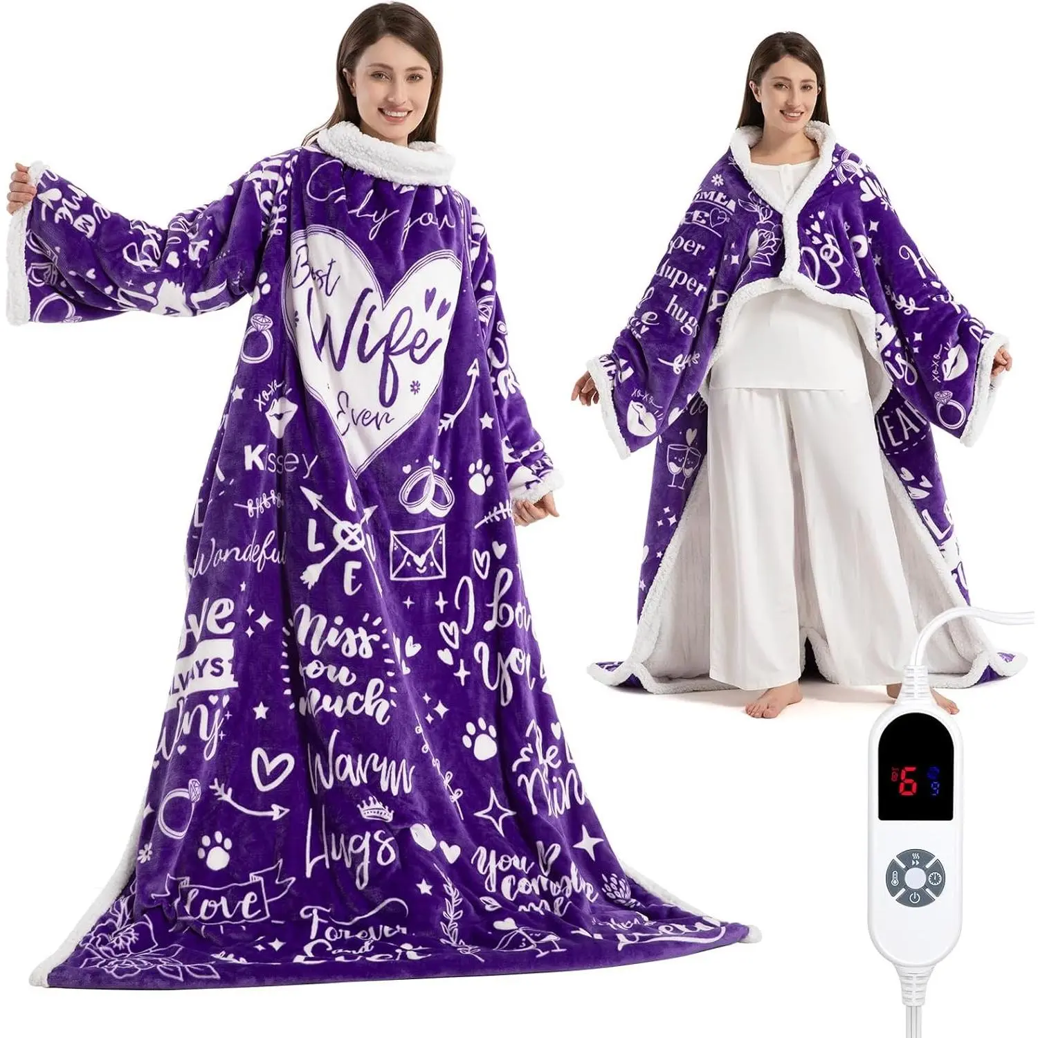 Wearable Heated Blanket for Women, Unique Christmas Birthday Gift for Wife, Electric Throw Blanket with Sleeves, Foot Pocket, Heated Robe for Mom, 3 Heat-Level & Timer, ETL Safe, Best Wife Ever Purple