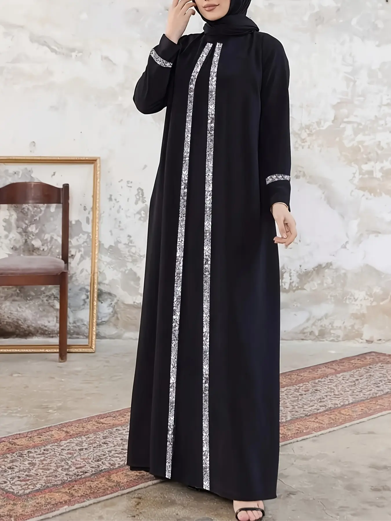 Muslimah Abaya with Sequin Details, Sophisticated Formal Dress, Long Sleeves, Sparkly Accents, Lightweight, Iftar Party Wear, Shimmery Lustrous Abaya