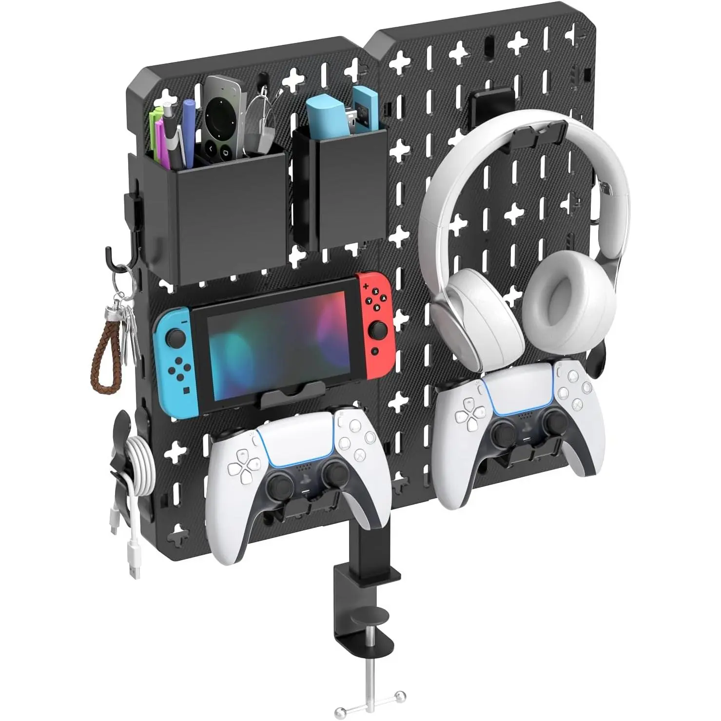 7 in 1 Clamp- Desk Pegboard - No Drill Desk Side Storage with Phone Stand/Pen Holder/Storage Box/Headset & Controller Holder/Hooks, Detachable Gaming Pegboard for Office &  Desktop Organizer