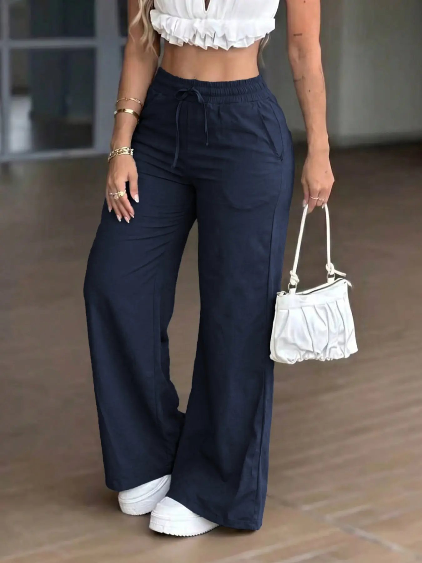Women's Solid Wide Leg Oversized Casual Pants, Mid Waist Elastic Waist, Loose-Fitting Ankle Length, Pocket Design, Comfortable Daily Wear