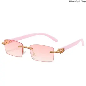 Retro Small Rectangle Rimless Sunglasses, UV400 Vintage Unisex Shades