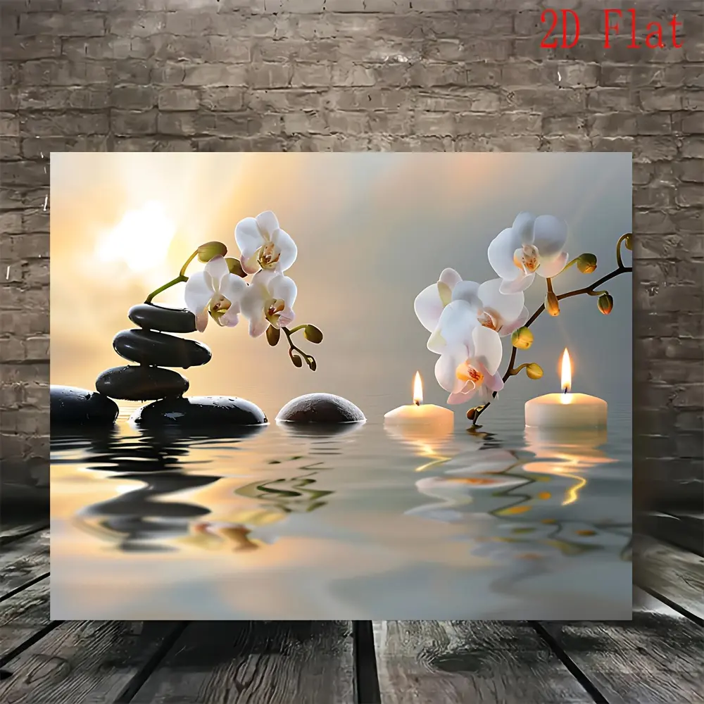 2D flat,1 Zen-inspired orchid painting, featuring water reflection, stone and candle prints, suitable for the living room, spa, bathroom, a perfect meditation corner and holiday gift, ideal for Christmas and birthdays