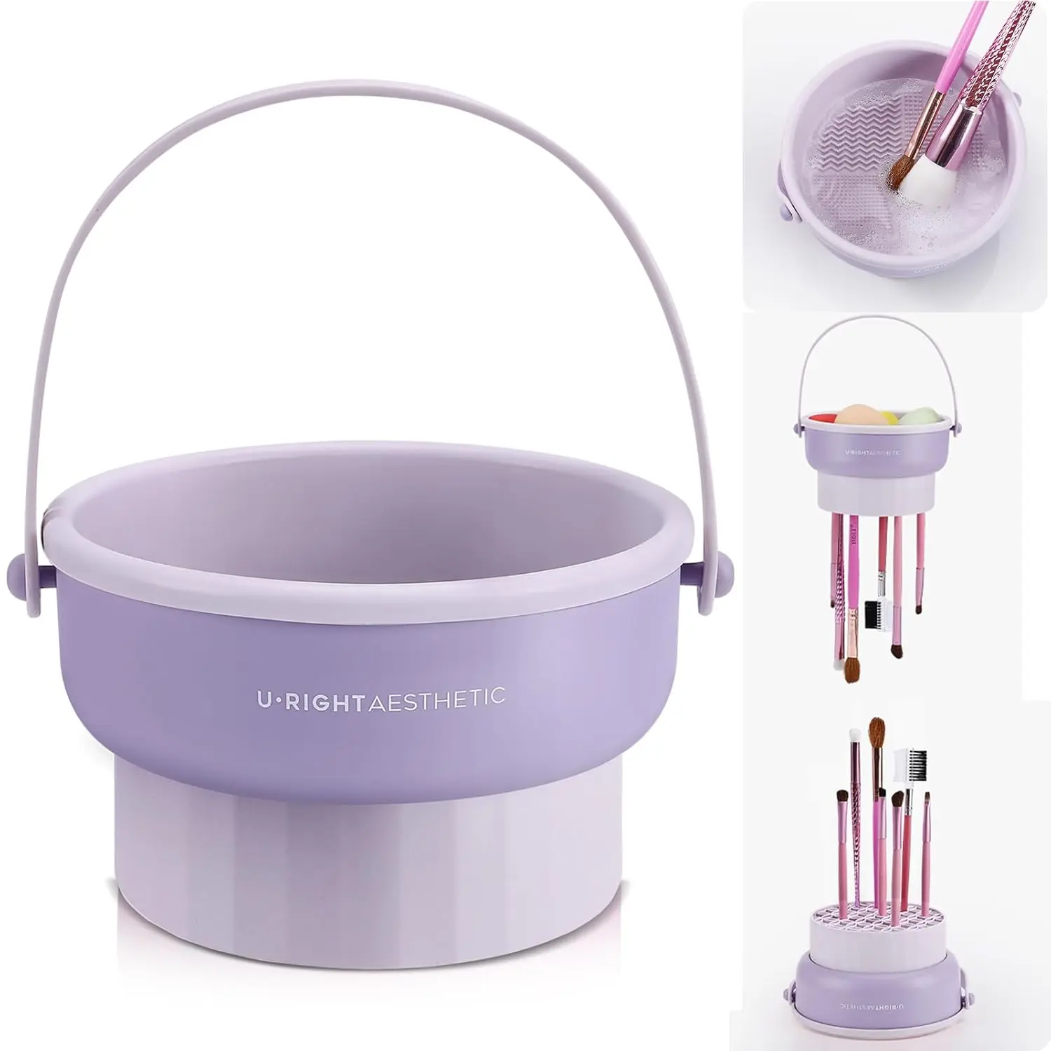Bowoki Makeup Brush Cleaner Mat 3 in 1 Silicone Makeup Brush Cleaner Bowl Cosmetic Brushes Cleaning Tool Organizer for Storage and Air Drying(Khaki)