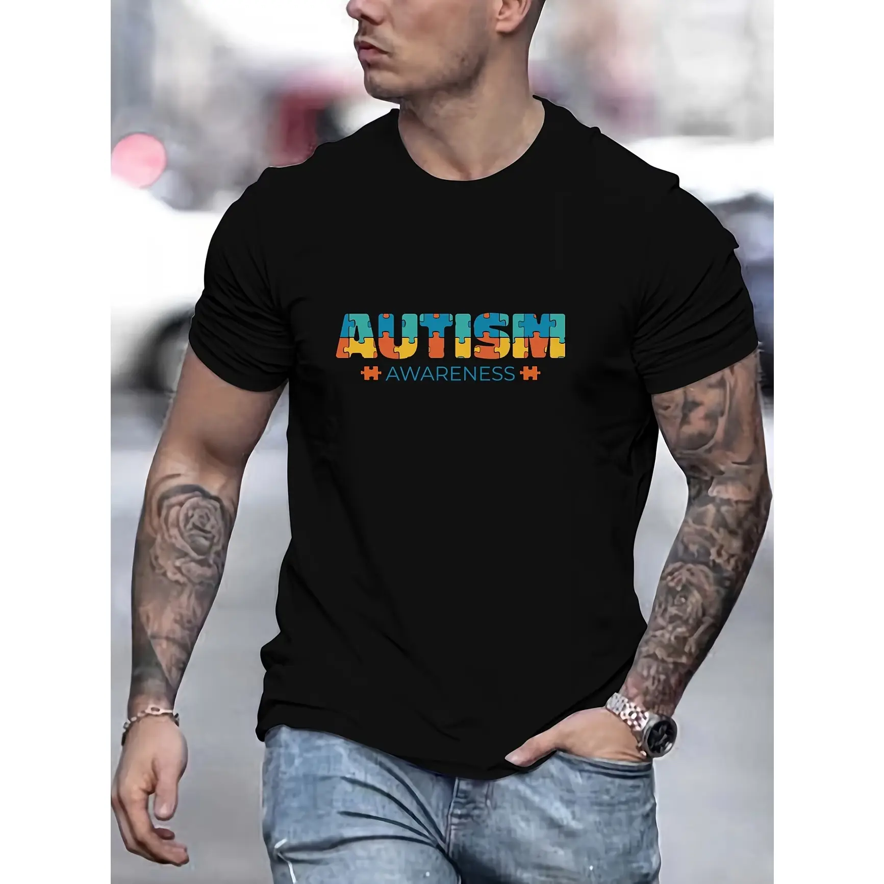 Men's Oversized Cotton Round Neck Short-Sleeve Casual Autism Awareness Puzzle Graphic T-Shirt, Menswear Tops, Great Valentine Gift for Autism Supporters, Shortsleeve