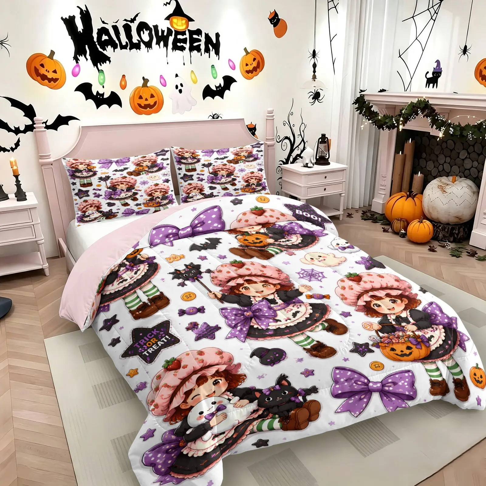 Cute Pink Purple Halloween Quilted Comforter Set, Include 1 Quilt Core and 1/2 Pillowcases, Cartoon Girl Black Cat Pumpkin Candy Bow Pattern Adorable Holiday Decor Bedding, Machine Washable, Medium Thickness, Lightweight and Warm