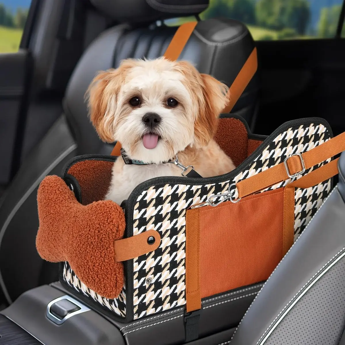 Adjustable Pet Car Seat for Small Dogs and Cats, Center Console Travel Basket, Raised Design, Height Adjustable, Classic