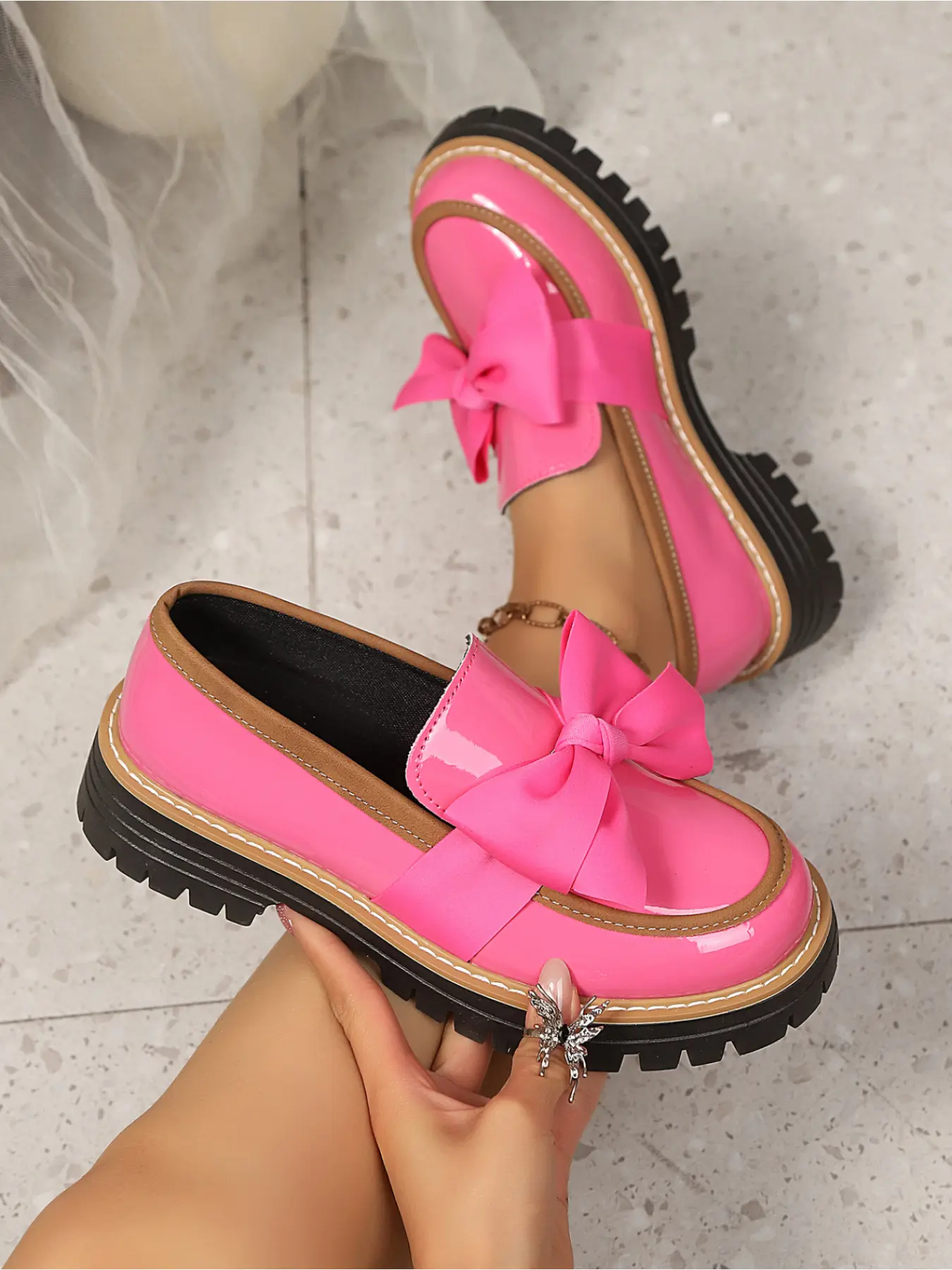 Women Sweet Big Bow Platform Loafers Glossy Slip On Lug Sole Fashion Dress Shoes Comfort Height Increase Non Slip Preppy Flat Shoes For Daily Date Holiday Party Gathering