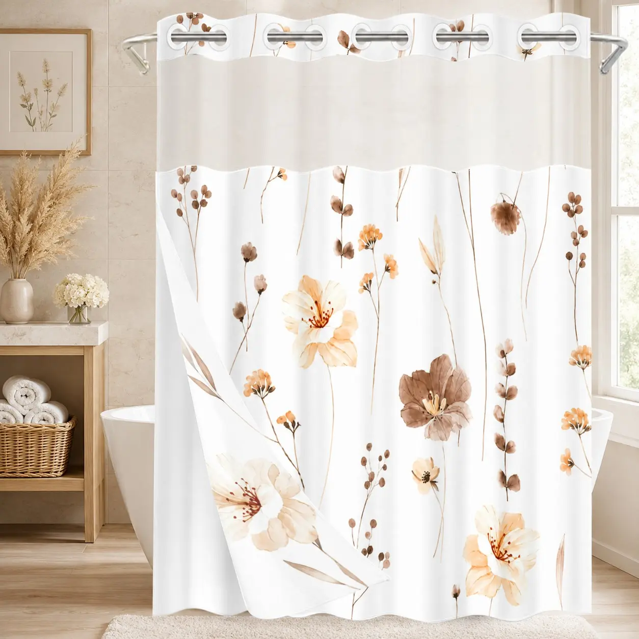 Floral Printed Shower Curtain, 1 Count Waterproof Shower Curtain with Removable Liner, Bathroom Decor Supplies for Home Hotel Salon Dormitory