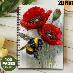 1 Spiral Coil Notebook 5.7x8.26 inch, Red Poppy & Bumblebee Design, High-Quality Lined Pages, Durable Binding, Perfect for Daily Journaling, Travel Notes, Gardening Logs, Thanksgiving Gift, Christmas Present, Stationery for Nature Lovers, Office & S