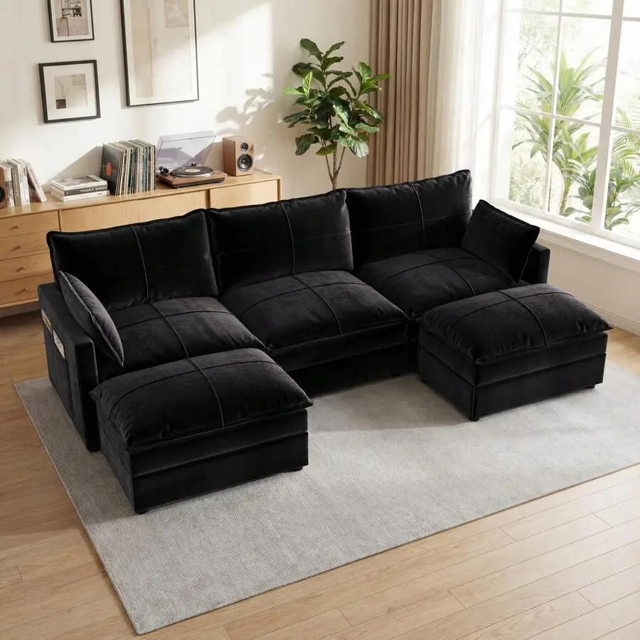 Modern Scandinavian-Style Sturdy Modular Sectional Sofa Couch - Convertible U/L-Shaped Convertible Couch Bed with Removable Washable Covers, Deep Seats Sponge Cushions, 300 lbs Per Seat Capacity for Living Room