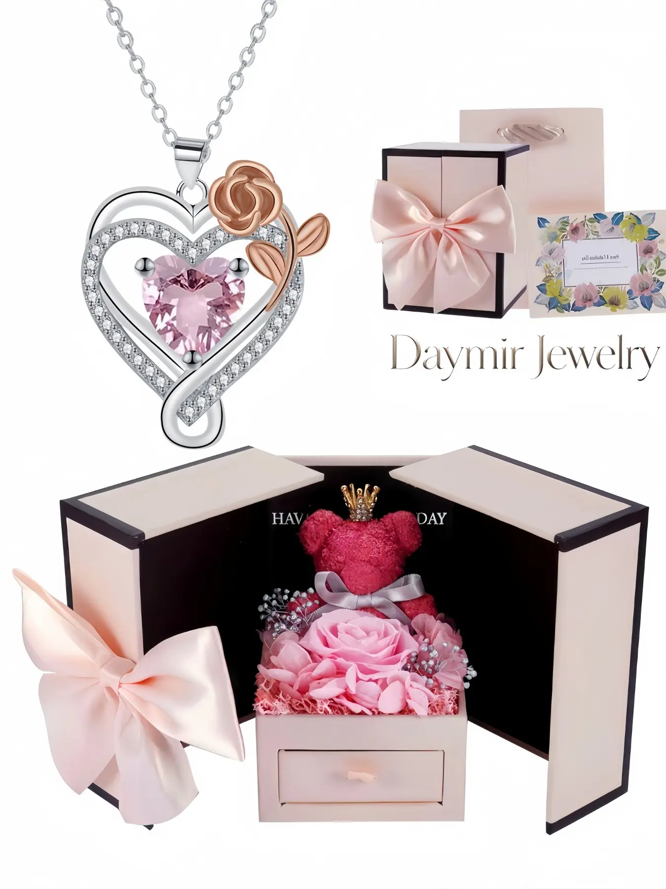 Pink Diamond Rose Heart Necklace, elegant protective pendant set with rose gemstones. Packaged in preserved rose bear jewelry box, a lovely surprise gift for birthdays, Valentine’s Day, Mother’s Day and Christmas.