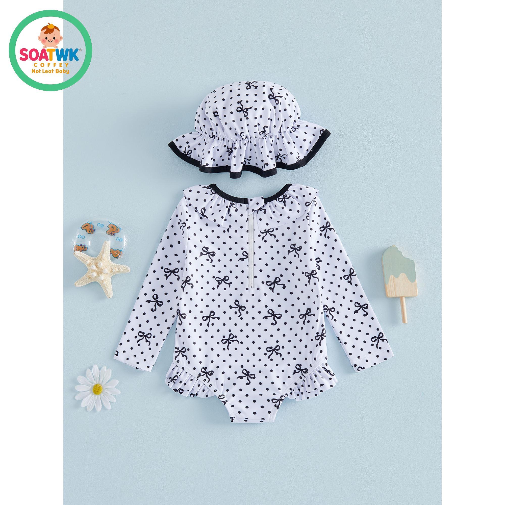 Toddler Girls Swimsuit, Bow Dots Print Long Sleeve Bikini with Hat Swimwear for Summer Bathing