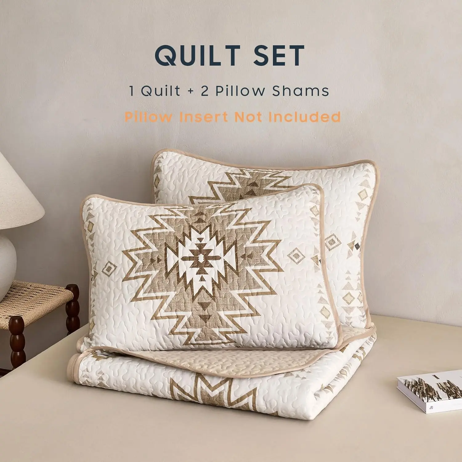 Summer Farmhouse Aztec Quilt Set, Reversible Lightweight Southwestern Geometric Coverlet Bedspread, 3 Piece Beige Brown Bedding Set, Full Queen Size for Seasonal Bedroom Refresh