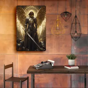 Majestic Archangel Michael Metal Tin Sign - 8x12 Inch |   Vintage Art Decor with Sword & Halo Glow, Perfect for Home, Garage, Clubs, Restaurants |   Outdoor Wall Plaque with Pre-Drilled Holes