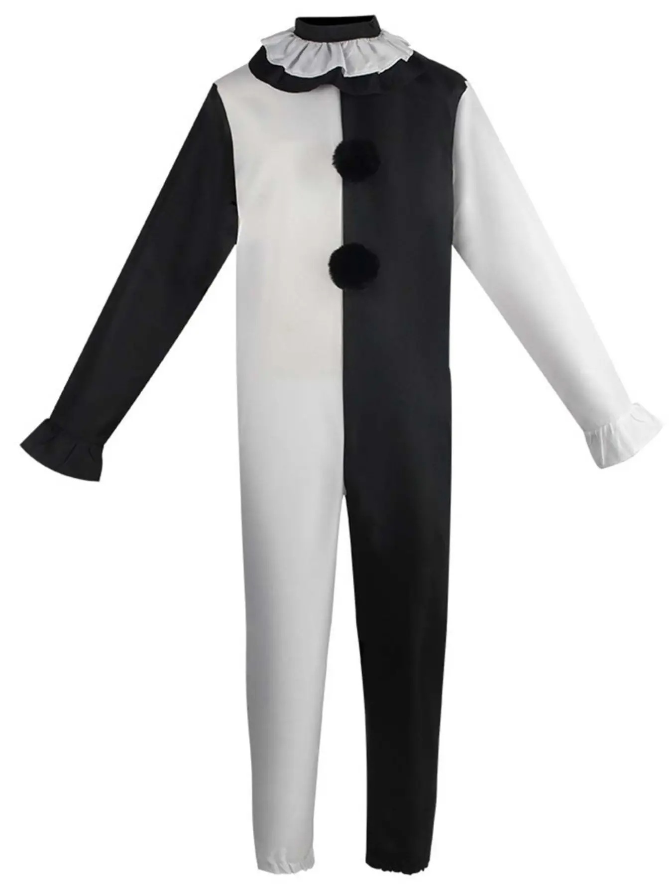 Classic Black and White Horror Clown Jumpsuit Scary Cosplay Costume Men Halloween Carnival Haunted House Role Play Outfit