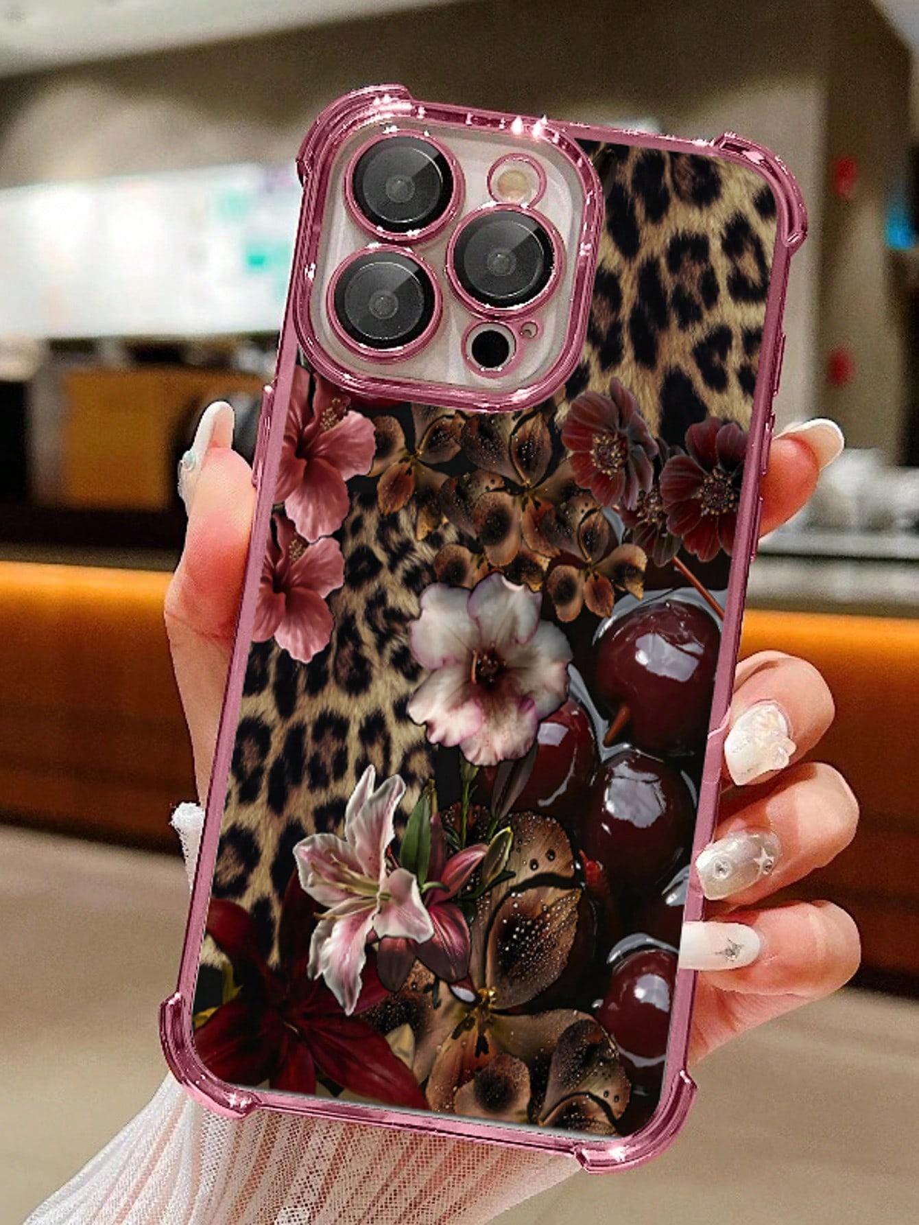 1pc Leopard Cherry Flowers Compatible With Apple Phone17/16/15/14/13/12/11/ProMax/Pro/Plus/Xs Max/XS/X,Four Corner Anti Fall Transparent Soft Shell Anti-Slip, Anti-Drop, Camera Lens Protection, Silicone Anti Wear Phone Case