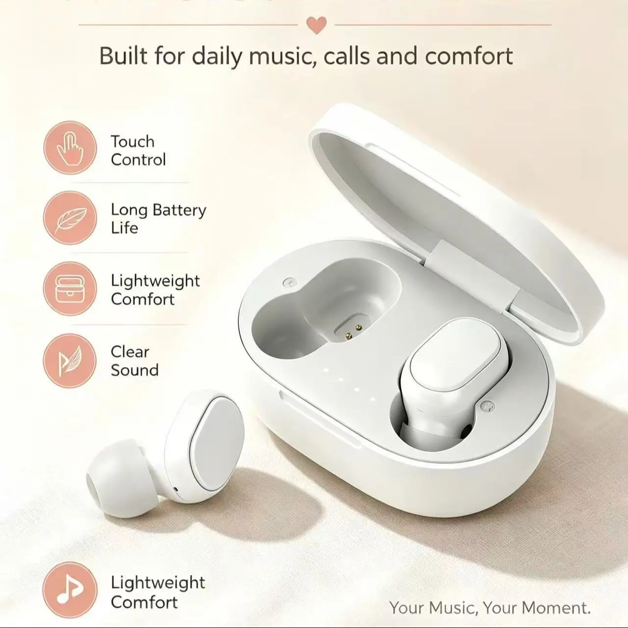 Wireless Earbuds With Portable Charging Case, Mini In-Ear Headphones, Touch Control, Lightweight Comfort, Stereo Sound Earphones For Music, Calls, Travel, Workout, Daily Use