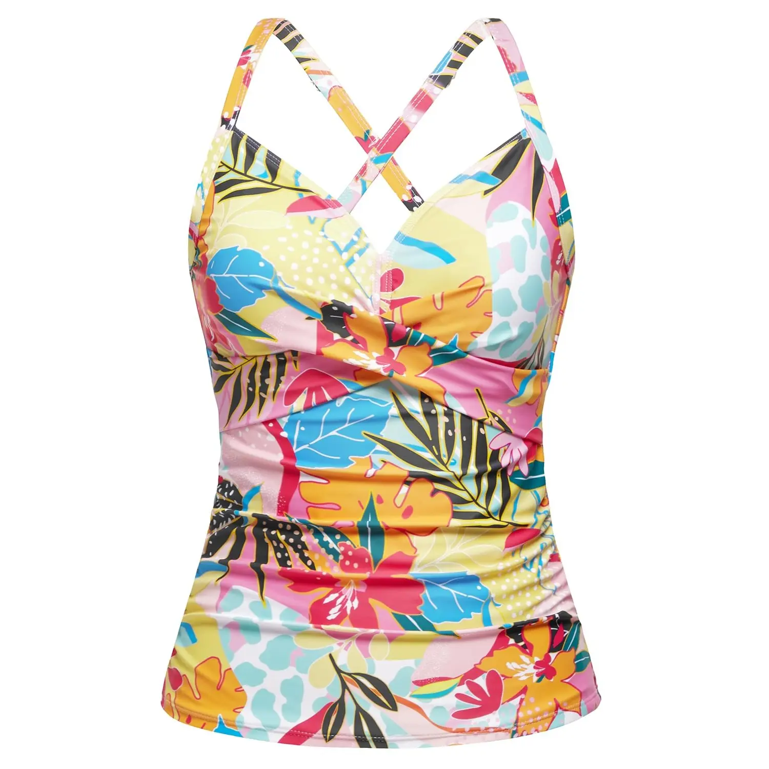Tempt Me Women Tankini Bathing Suit Top - Twist Front V Neck Swim Top Ruched Tummy Control Top Only No Bottom
