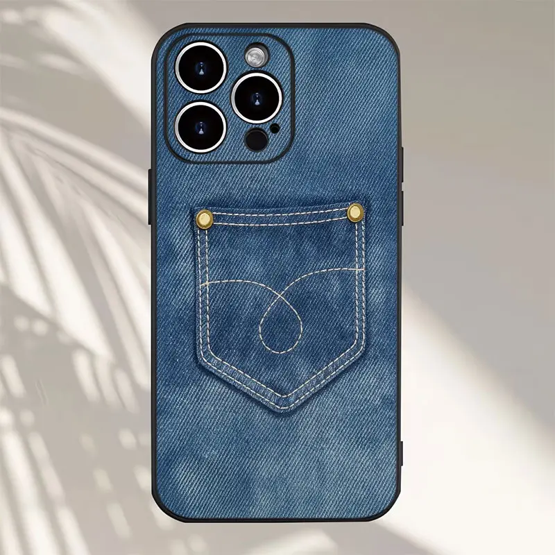 Blue Denim Jean Pocket Stitch Detail Phone Case, Casual Vintage Western Fabric Texture Style for iPhone 17 16 15 14 13 12 11 Plus Pro Max, Simple Daily Streetwear Gift