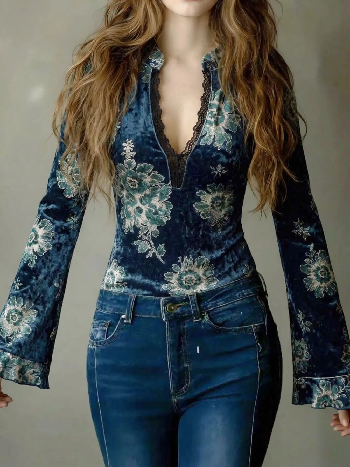 Vintage Blue Floral Velvet Shirt Blouse Women, Lace Trim Bell Long Sleeve Deep V Neck Top, Elegant Party Daily Wear, French Vintage Style Elegance