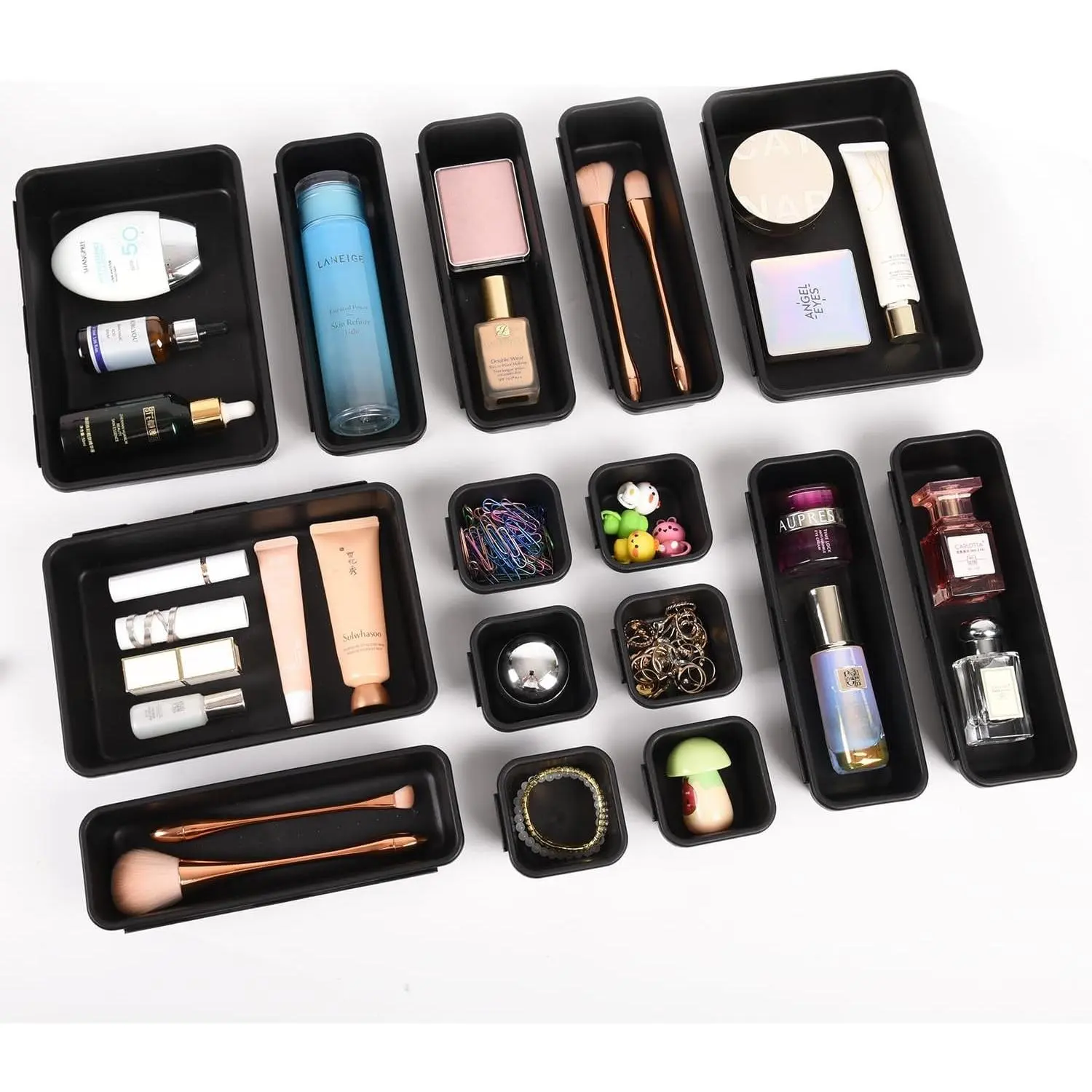 15 Piece Drawer Organizer Set, 3 Size Interlocking Plastic Storage Bins for Office Supplies, Jewelry Makeup Vanity, Bathroom Kitchen, Home Organization Closet, Gadgets Small Items, Black