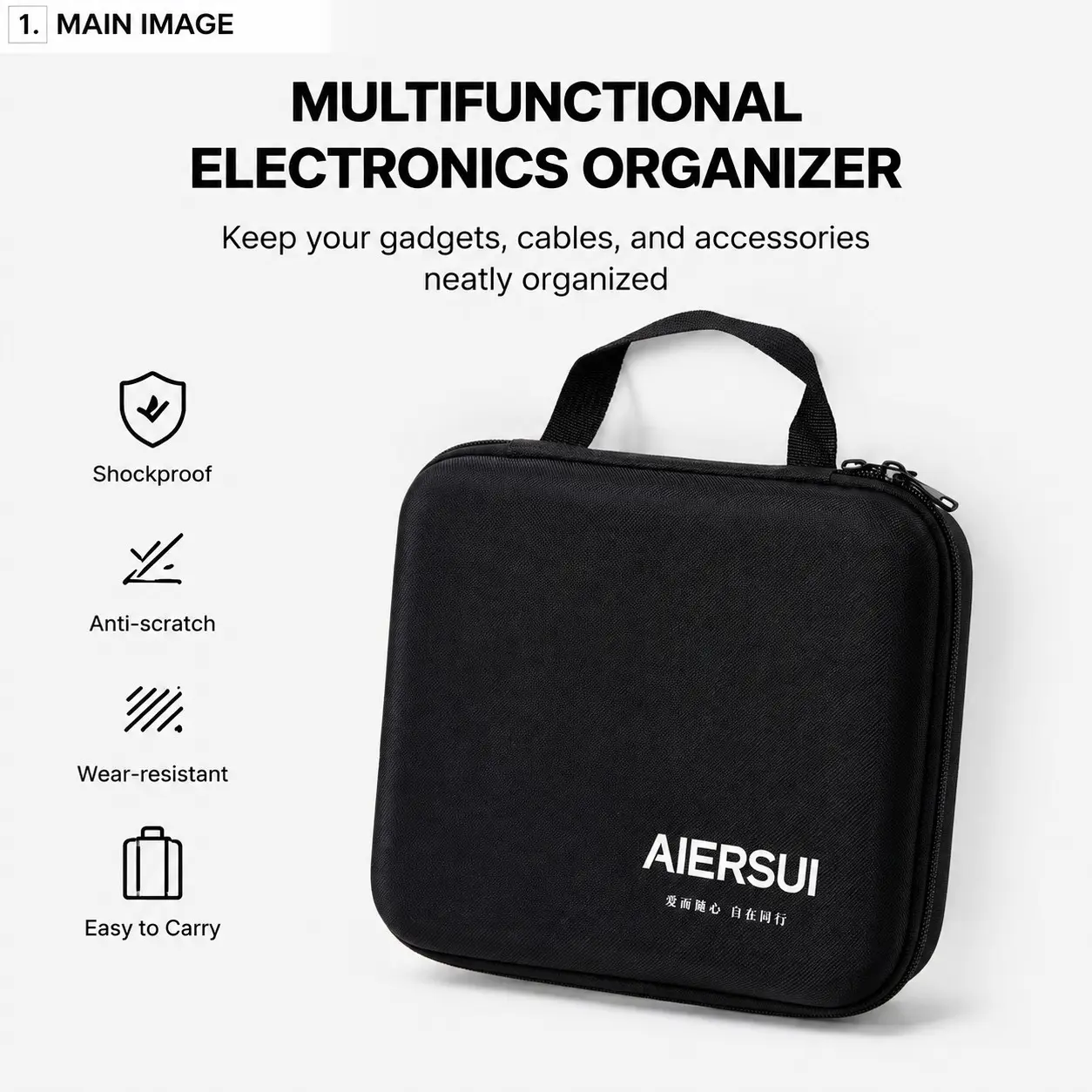 1 Pack Electronics Organizer Case, Minimalist Portable Hard Shell Storage Bag with EVA Shockproof Protection, Soft Velvet Lining & Mesh Pocket for Chargers, Cables, Power Bank, Earbuds and Daily Travel Accessories,9X7X2.7inches