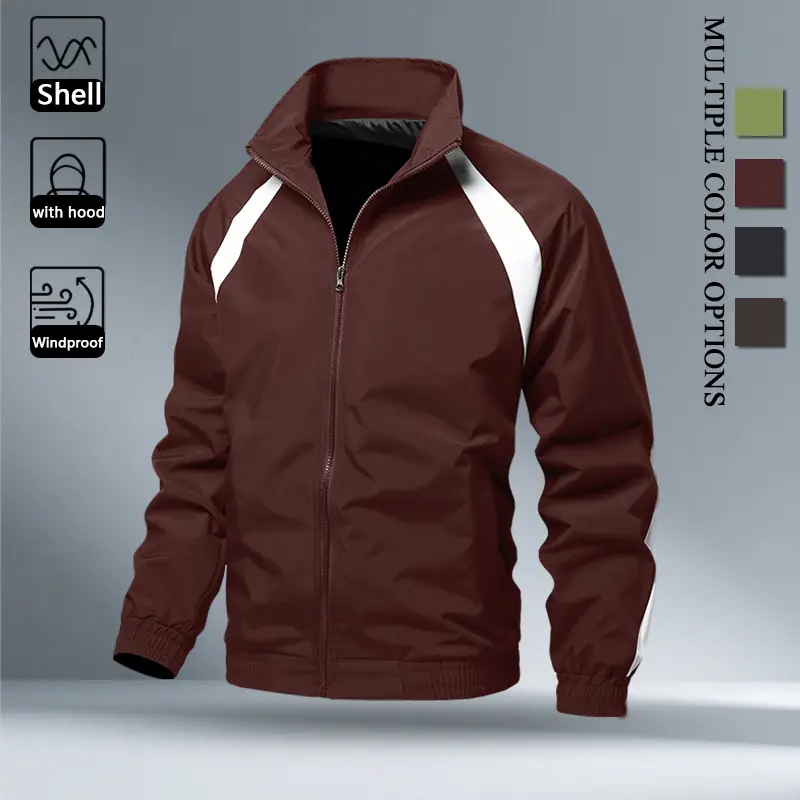 Lightweight Raglan Color Block Windbreaker for Men, Hidden Attached Drawstring Hood Wind Resistant Fabric, Relaxed Fit Full Zip Casual Outer Layer for Weekend Travel Camping Sports
