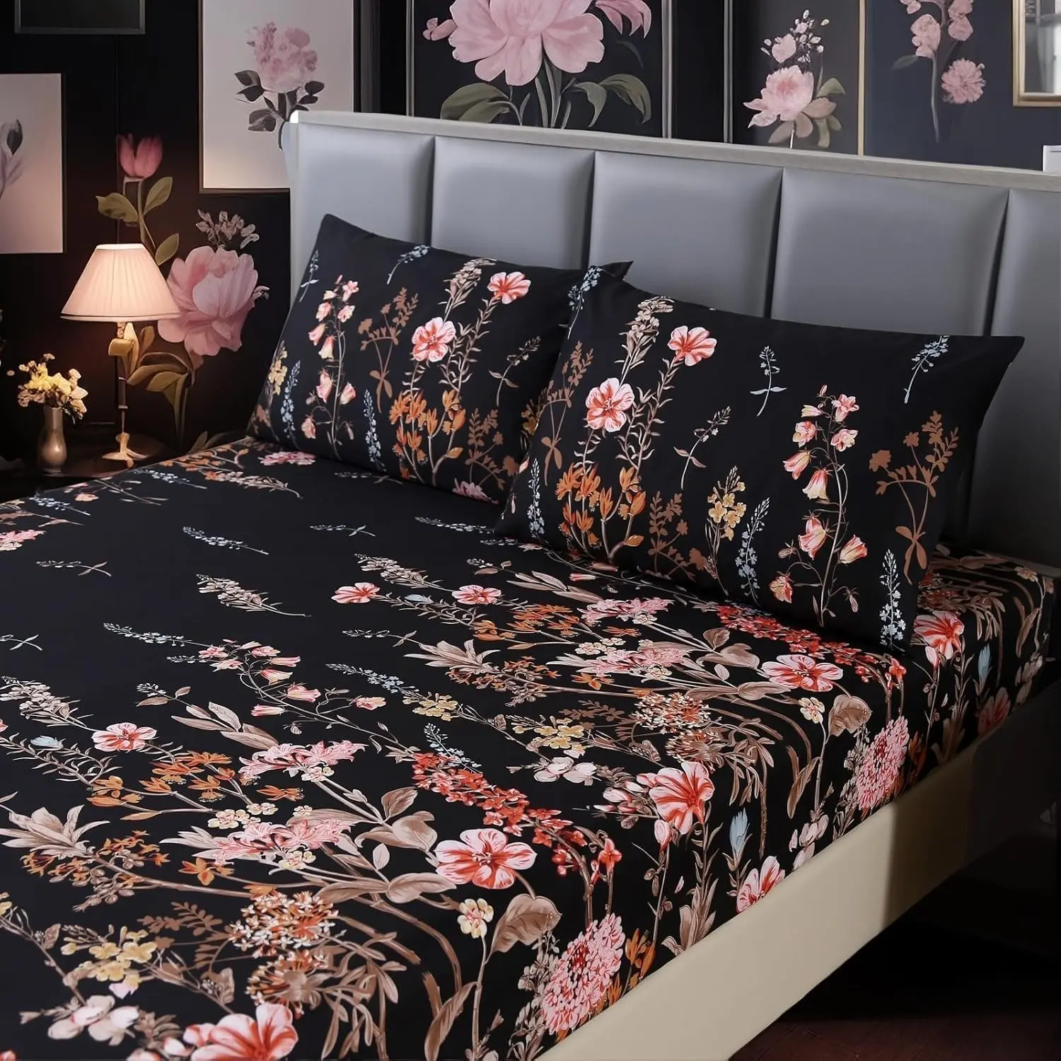 Queen Size Deep Pocket Fitted Sheet Set - 3pcs Black Floral Breathable Microfiber Boho Decorative Bedding, 1 Fitted Sheet, 2 Pillowcases, 14in Bedsheets, Machine Washable
