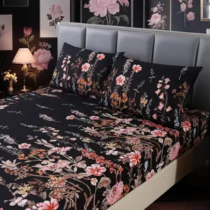 3pcs Black Floral Queen Bed Sheet,Microfiber Flower Boho Fitted Sheets with 1 Fitted Sheet and 2 Pillowcases,14 Inches Deep (Black, Queen)