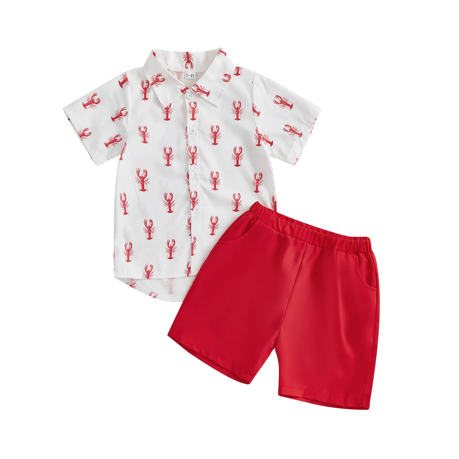 Kids Toddler Baby Boys Summer Clothes Sets Short Sleeve Lobster Print Lapel T-shirt Solid Shorts 2Pcs Crawfish Outfit
