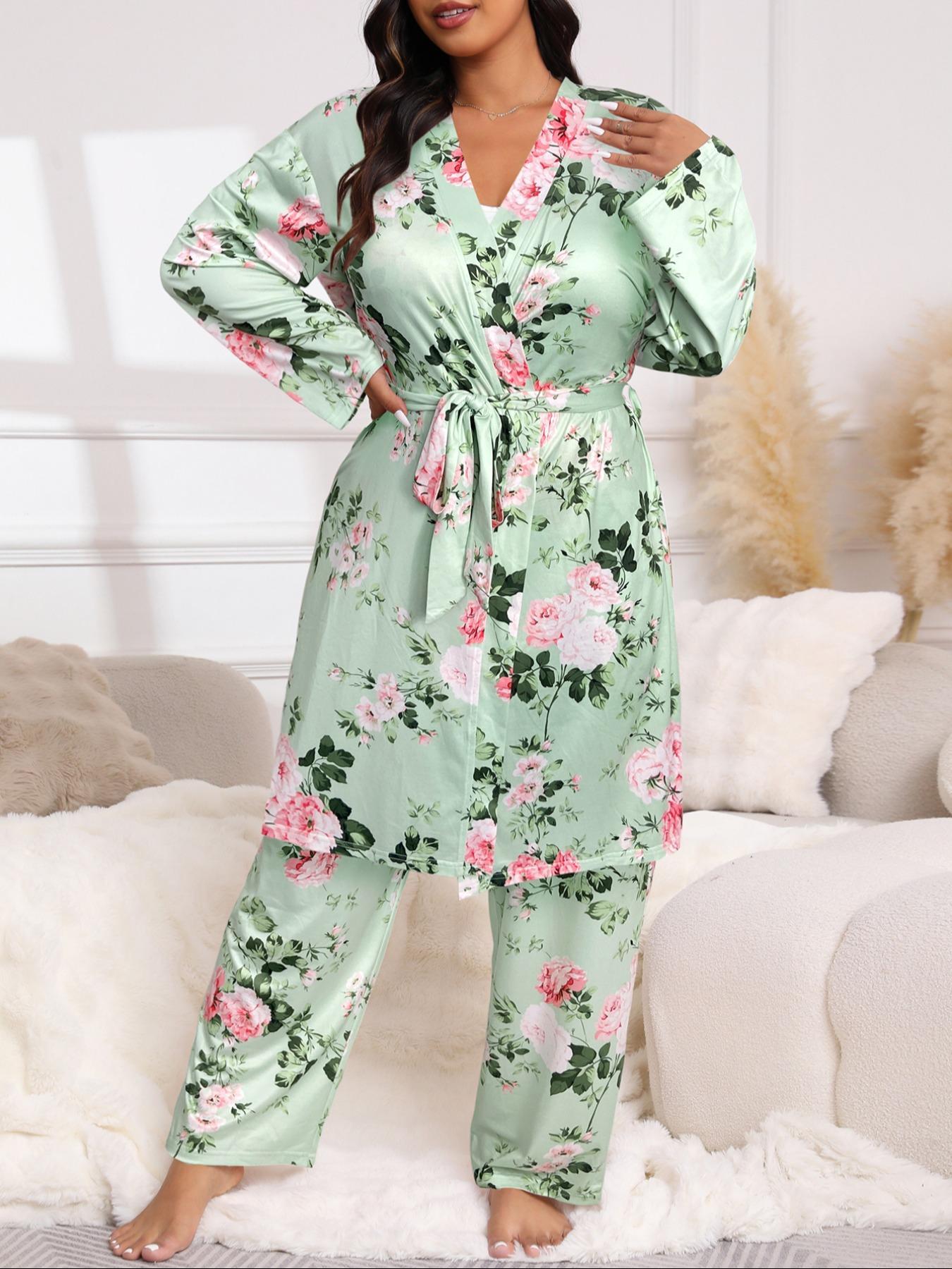 【Plus Size】 Floral Print Belted Dressing Gown & Cami Top & Pants Pajama Set, Elegant Comfy Loungewear Set, Women's Sleepwear for All Seasons