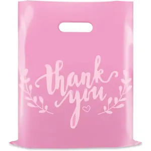 Thank You Merchandise Bags, Plastic Bags with  Cut Handles for Retail Shopping, Boutique and Goodies, 12x15 Inches ( with White Printing, 100 count)