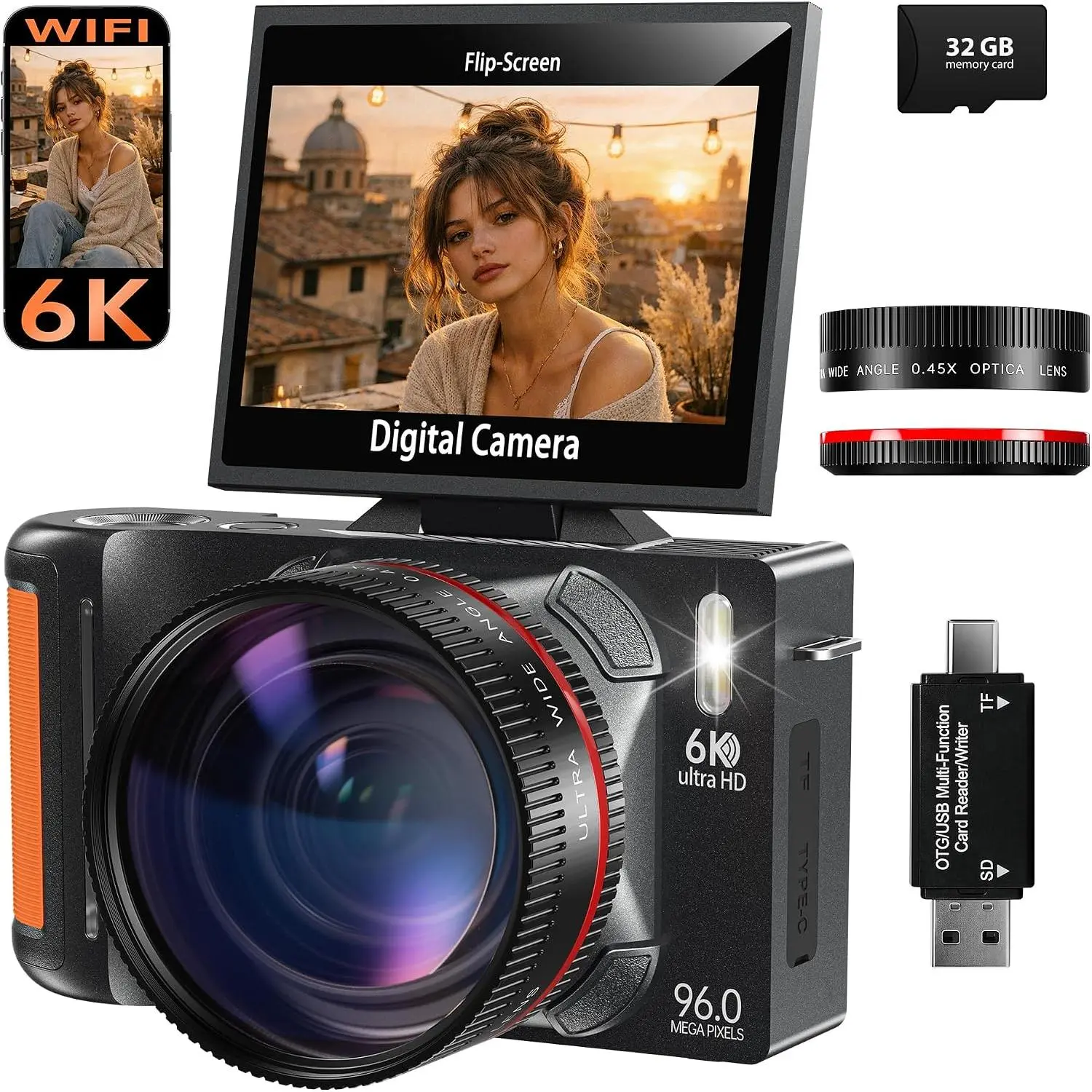 6K 96MP Flip Screen Digital Camera for Photography, WiFi,  Lens
