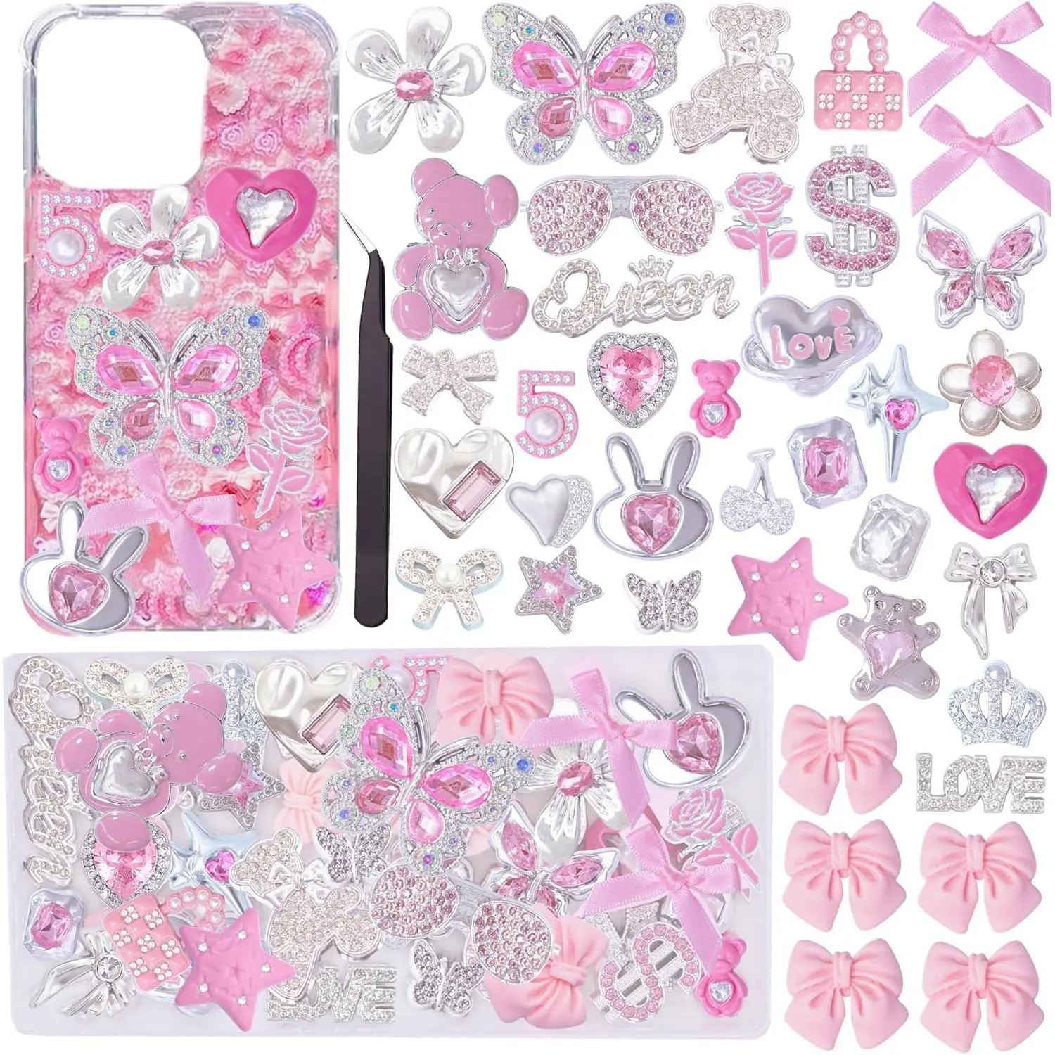Junk Case Charms,Pink Kawaii Bow Phone Cases Kit,Silver Butterfly Charm for Junk Socks,Bling Flat Back Big Charms,3D Heart Star Flower Phones Case Char Flatback Rhinestone for Customizing DIY Craft Accessories