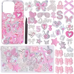 Junk Case Charms,Pink Kawaii Bow Phone Cases Kit,Silver Butterfly Charm for Junk Socks,Bling Flat Back Big Charms,3D Heart Star Flower Phones Case Char Flatback Rhinestone for Customizing DIY Craft Accessories
