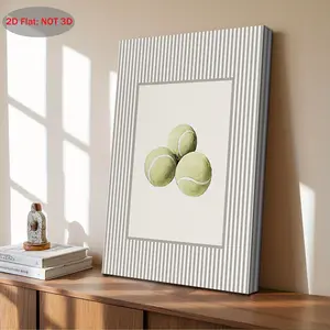 2D Flat Design, Single-Piece Tennis Print Decorative Painting - Vintage Tennis Theme Framed Oil Painting, Suitable for Bedroom, Children's Room, Office - Sports-Themed Decorative Gift, Ideal for Tennis Enthusiasts, Striped or Solid Color Frame Size 11.8x