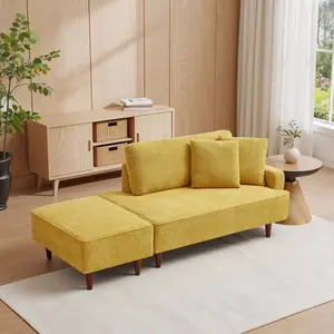 72" Upholstered Chaise Lounge Chair Indoor, Yellow Upholstered Chaise Lounge Chair for Bedroom with Ottoman & Right Armrest & Lumbar Pillow, Small Chaise Lounge Sofa Indoor Small Space Office Living Room Relaxing