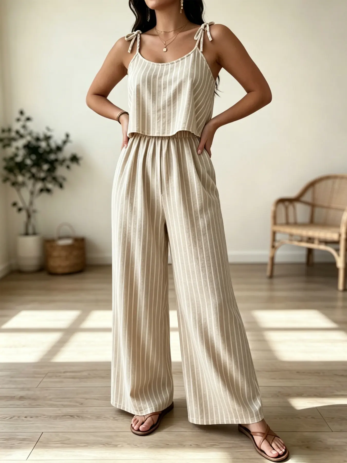 Plus size women's fashionable camisole jumpsuit with strap top and wide leg jumpsuit suitable for daily wear during summer leisure vacation