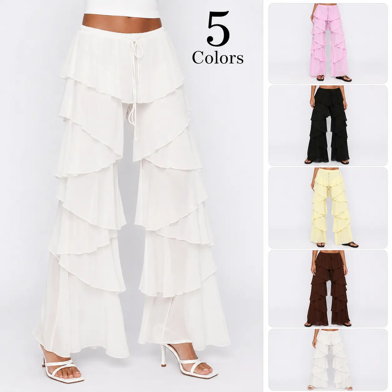 Women's Polyester Tiered Ruffle Wide-Leg Trouser, Adjustable Drawstring Elastic Waist, Sheer Chiffon Full-Length Boho Festival Pants for Daily-Vacation Outfits