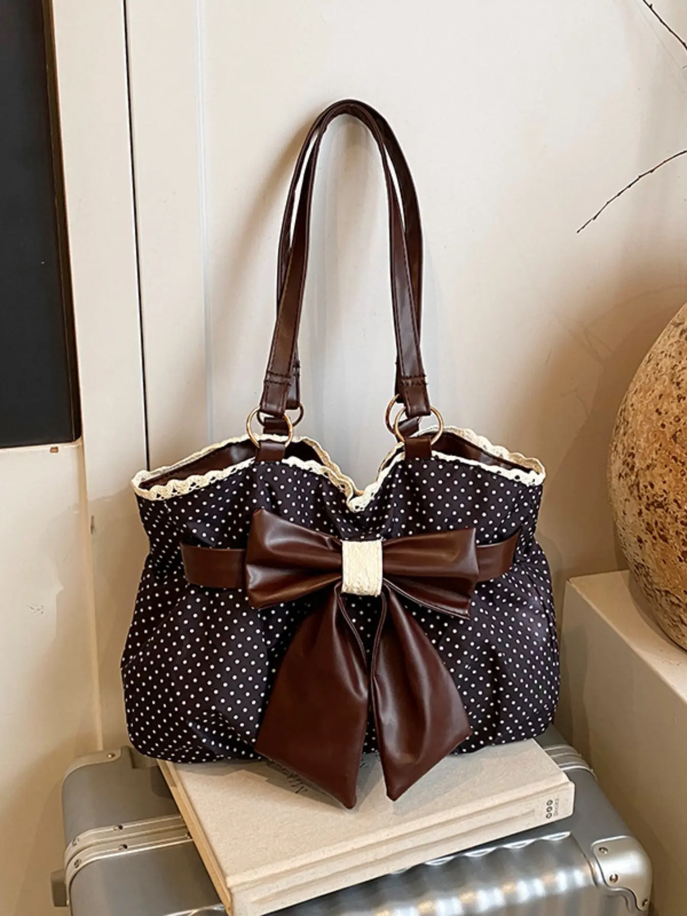 Trendy Fashion Large Capacity Polka Dot Bag with Bow Decor, Fashionable Patterned Bag, Handheld Shoulder Bag, Handbag Shoulder Purse, Stylish Women’s Accessory, PU Leather Bag Perfect for Daily Use, Everyday Bag, Fashion Bags